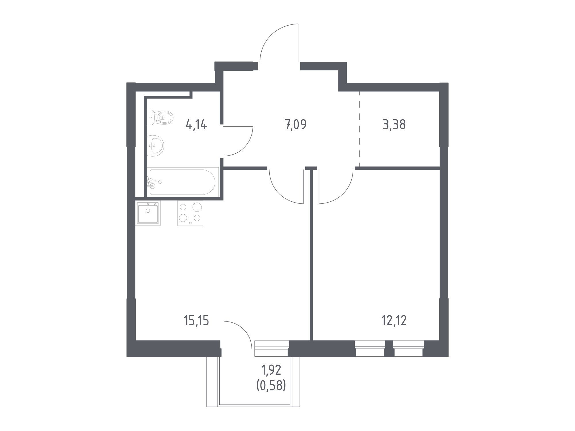 Планировка: 1-комн. квартира 42.46 м² в новостройке Невская долина