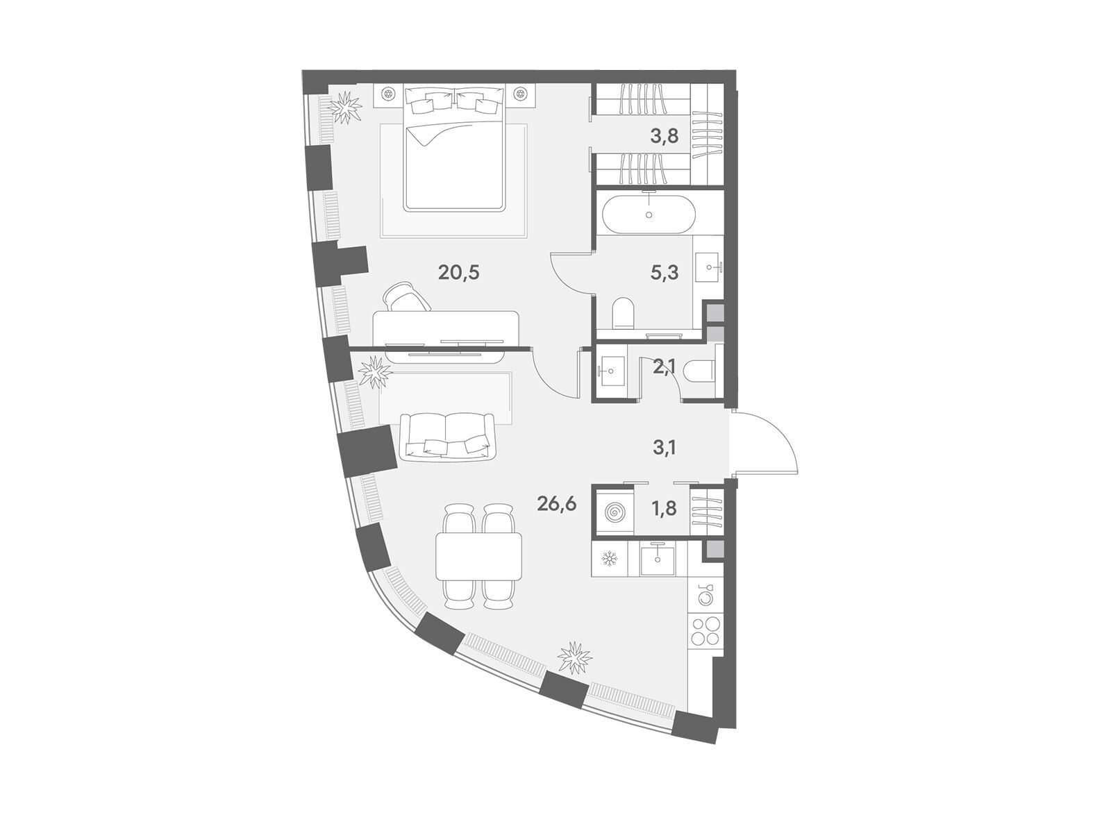 Планировка: 1-комн. квартира 63.20 м² в новостройке Энигмия