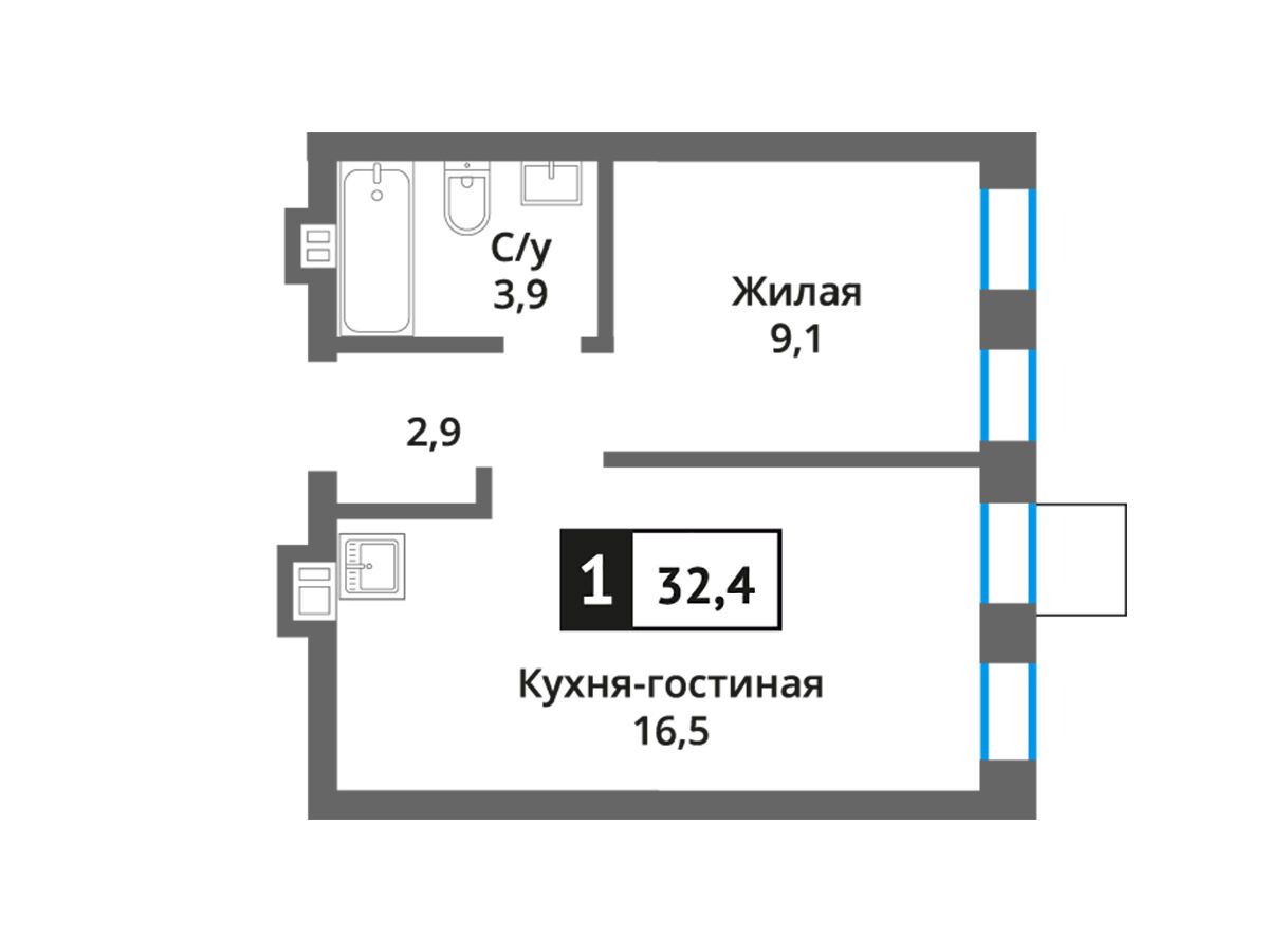 Планировка: 1-комн. квартира 32.40 м² в новостройке Никольский квартал Отрада