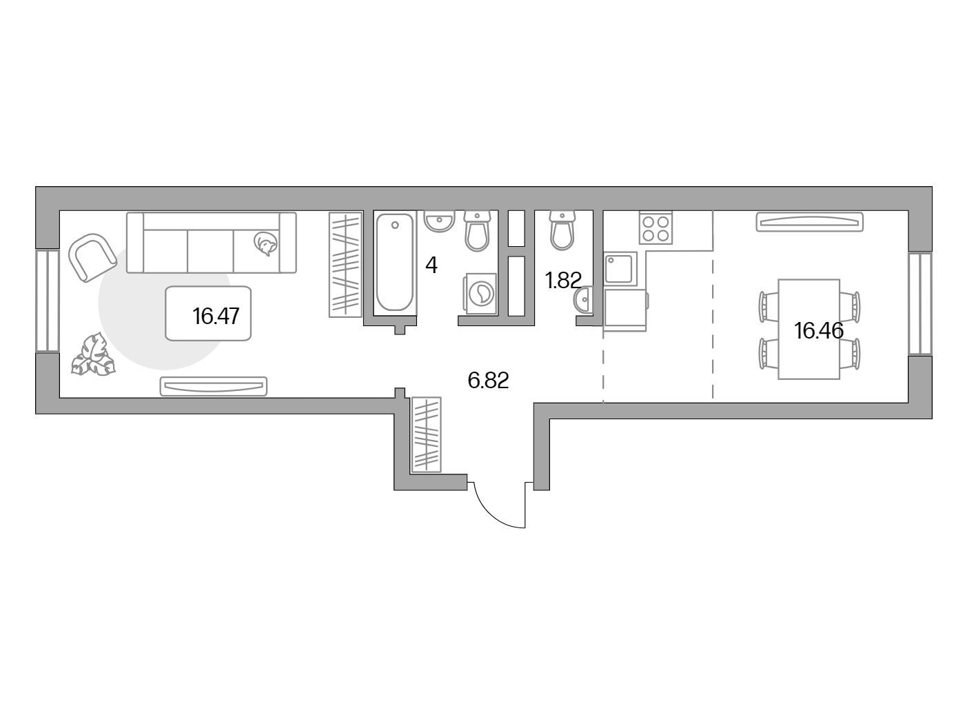 Планировка: 1-комн. квартира 45.57 м² в новостройке Живописный