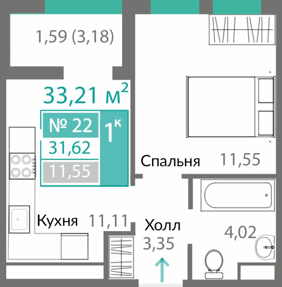 Планировка: 1-комн. квартира 31.62 м² в новостройке ЖК Горизонты-2