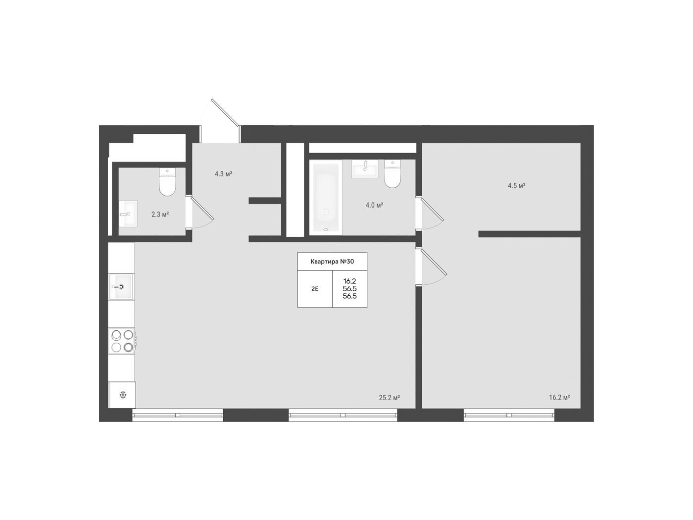 Планировка: 2-комн. квартира 56.50 м² в новостройке Яковлево