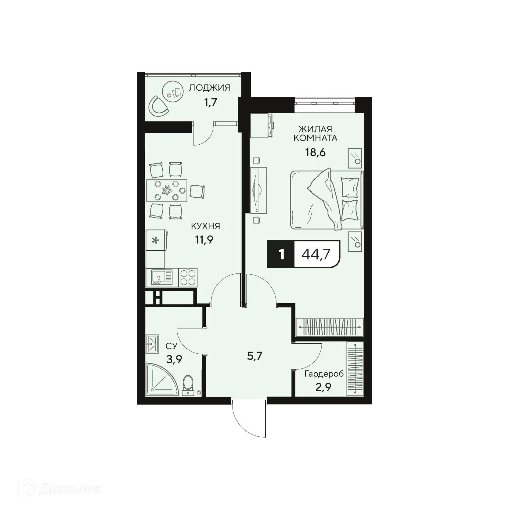 Планировка: 1-комн. квартира 44.70 м² в новостройке 18/3