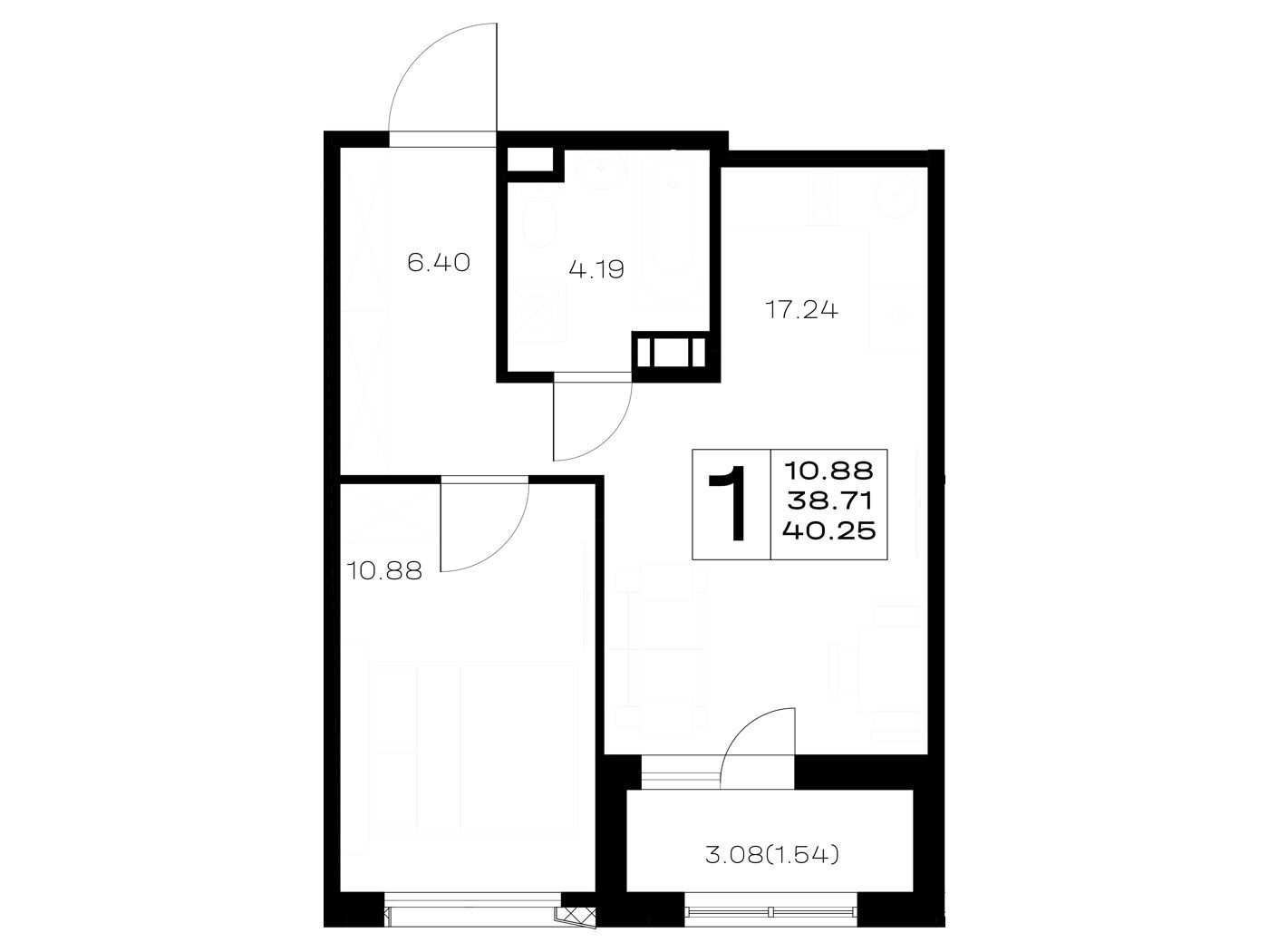 Планировка: 1-комн. квартира 40.25 м² в новостройке Борский