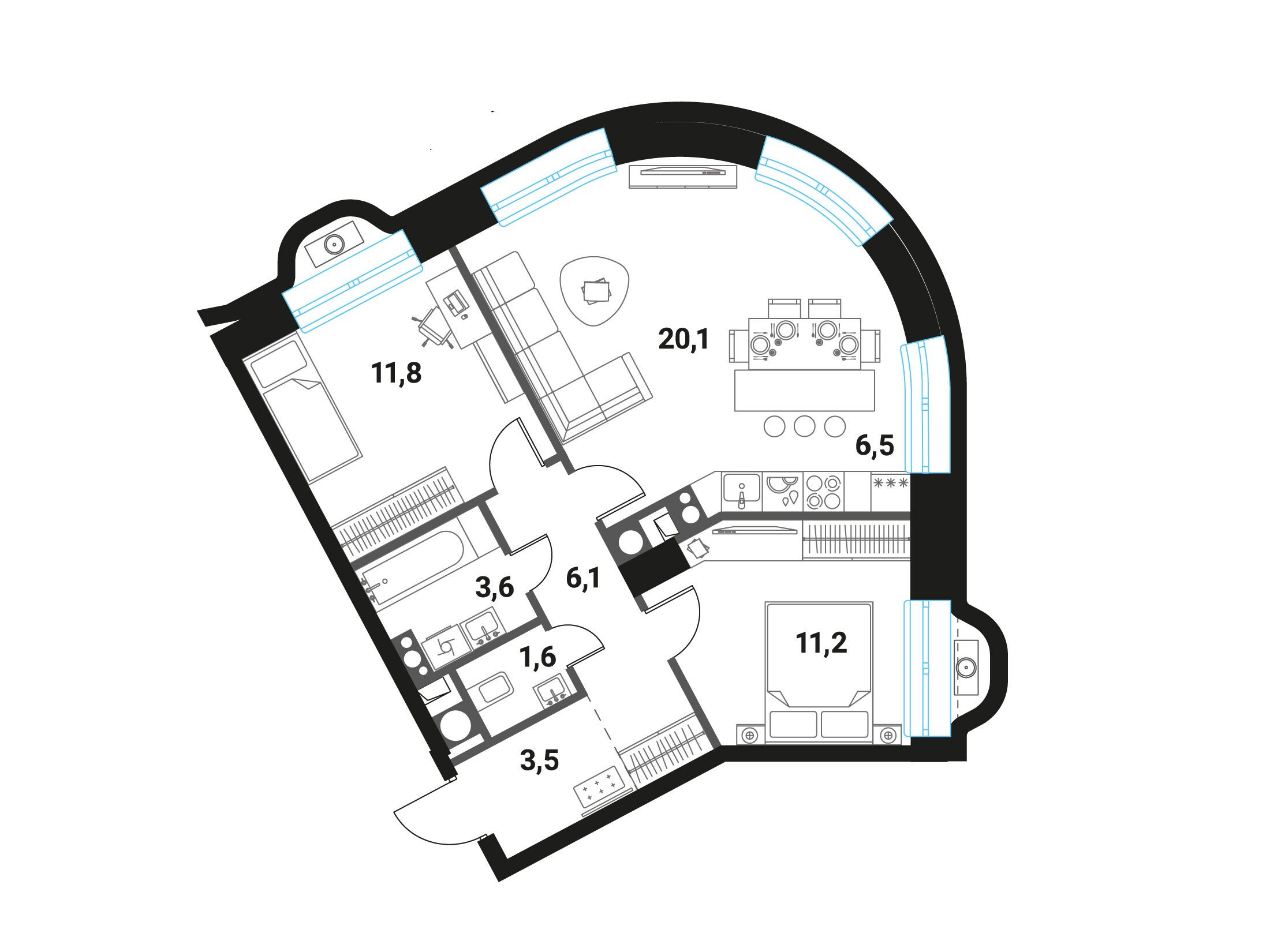 Планировка: 3-комн. квартира 64.40 м² в новостройке ЖК Интеллигент