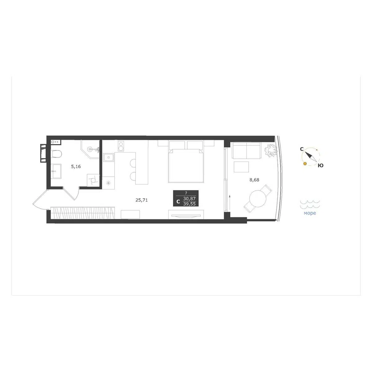 Планировка: Студия 39.55 м² в новостройке Паруса мечты
