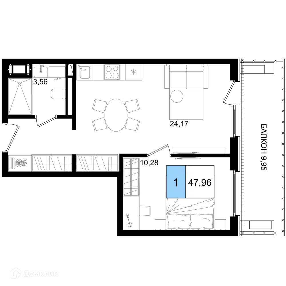 Планировка: 1-комн. квартира 47.96 м² в новостройке Корсаков