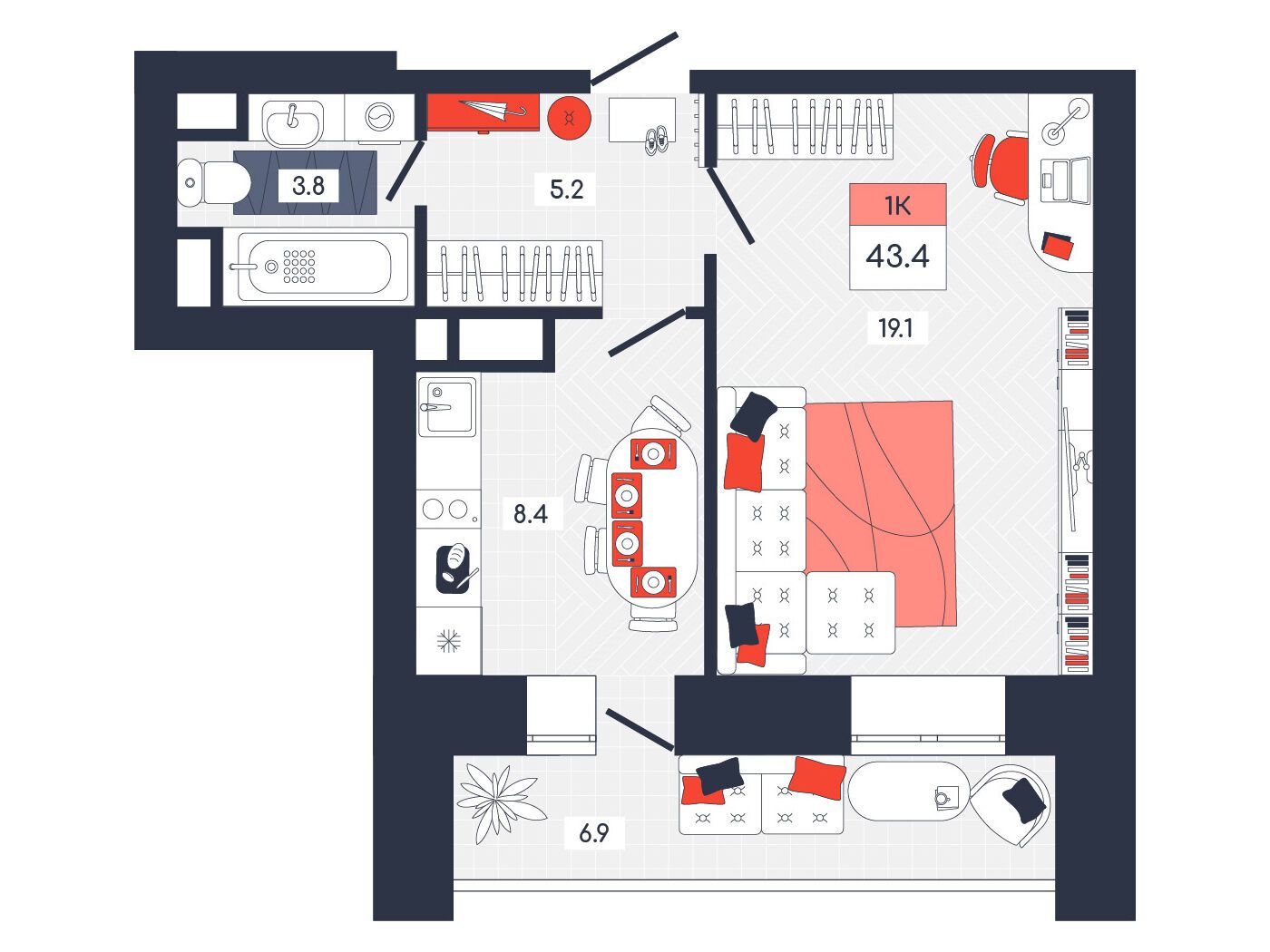 Планировка: 1-комн. квартира 43.40 м² в новостройке Феникс