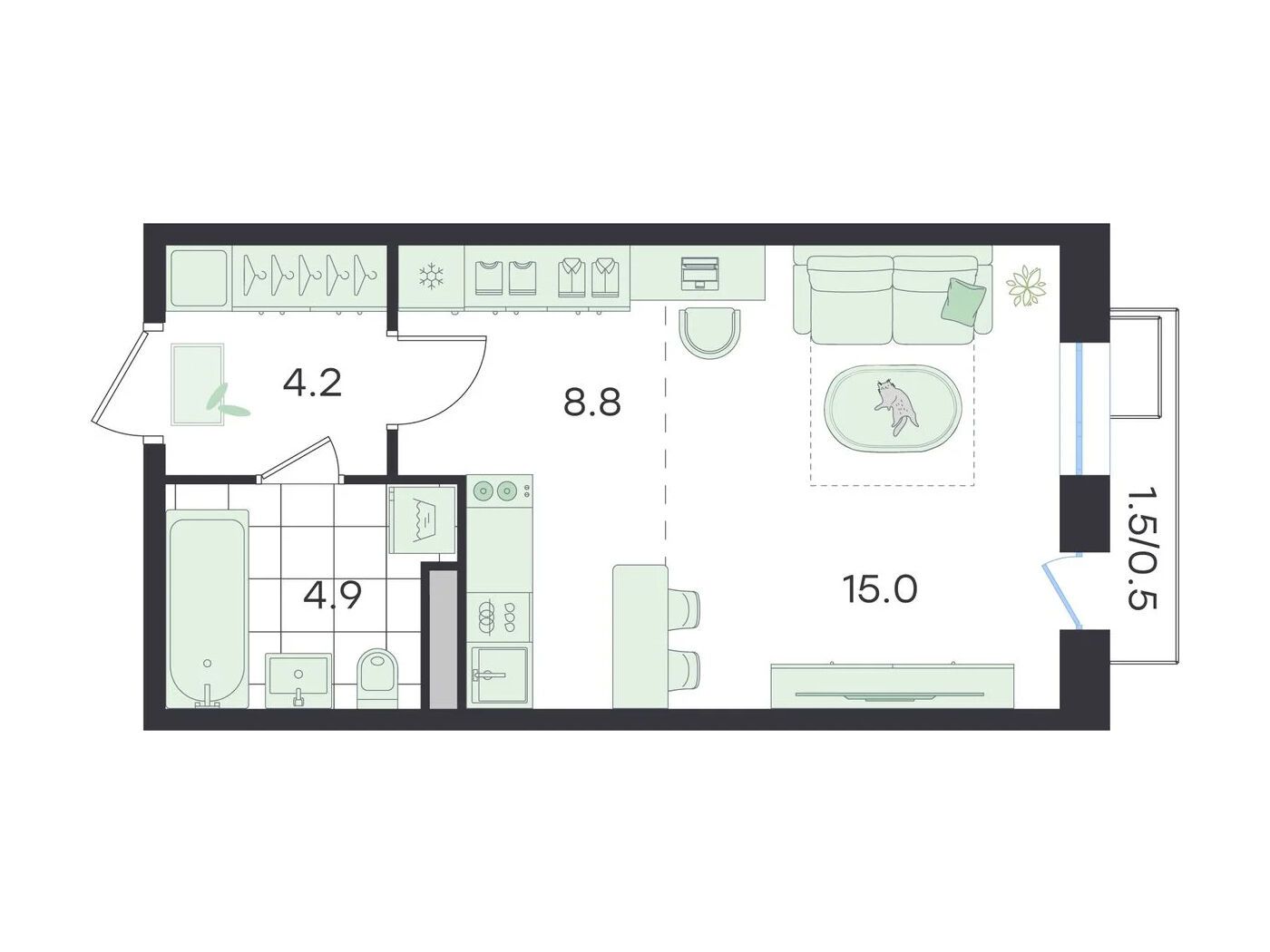 Планировка: Студия 33.40 м² в новостройке Джи Три Театральный