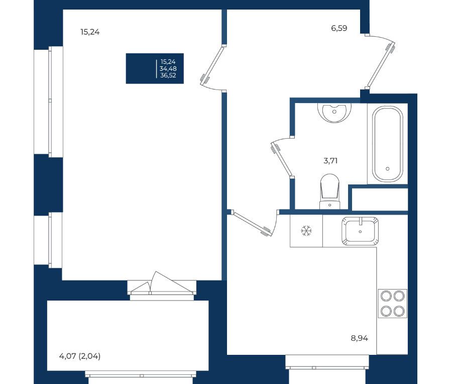 Планировка: 1-комн. квартира 36.52 м² в новостройке Новатория