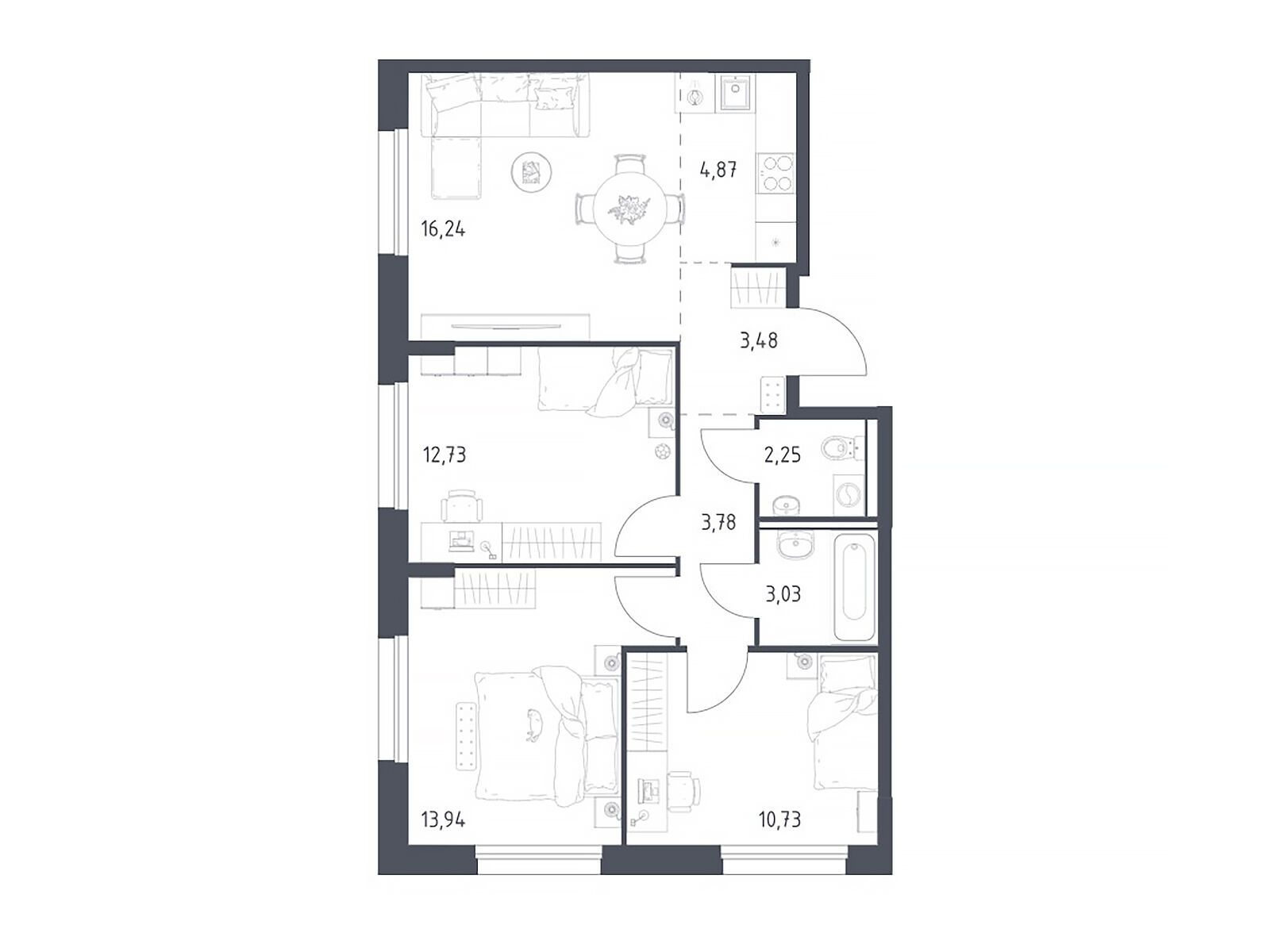 Планировка: 3-комн. квартира 71.05 м² в новостройке Прибрежный Парк
