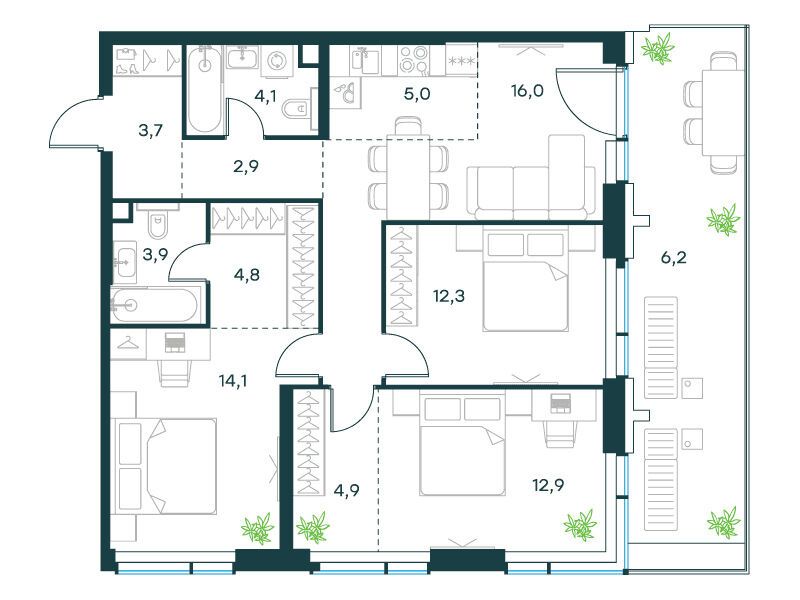 Планировка: 4-комн. квартира 90.80 м² в новостройке Павелецкая Сити