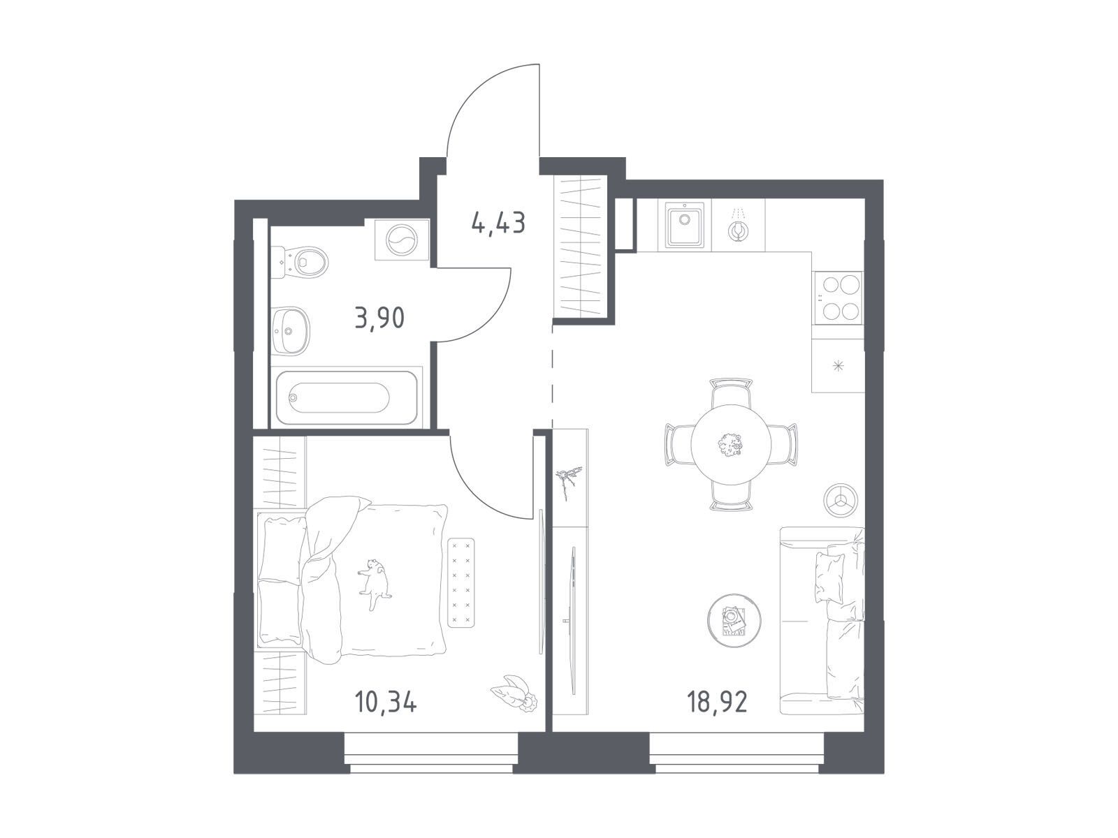 Планировка: 1-комн. квартира 37.59 м² в новостройке Большое Юрлово
