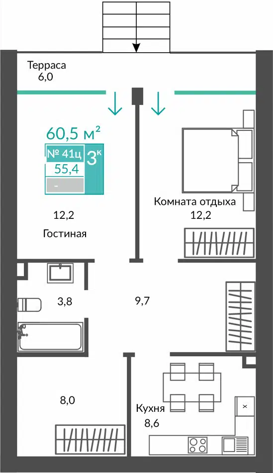 Планировка: 3-комн. квартира 60.50 м² в новостройке Апарт комплекс Удачное