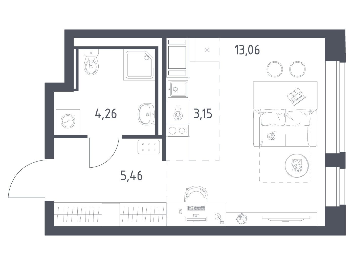 Планировка: Студия 25.93 м² в новостройке Новое Колпино