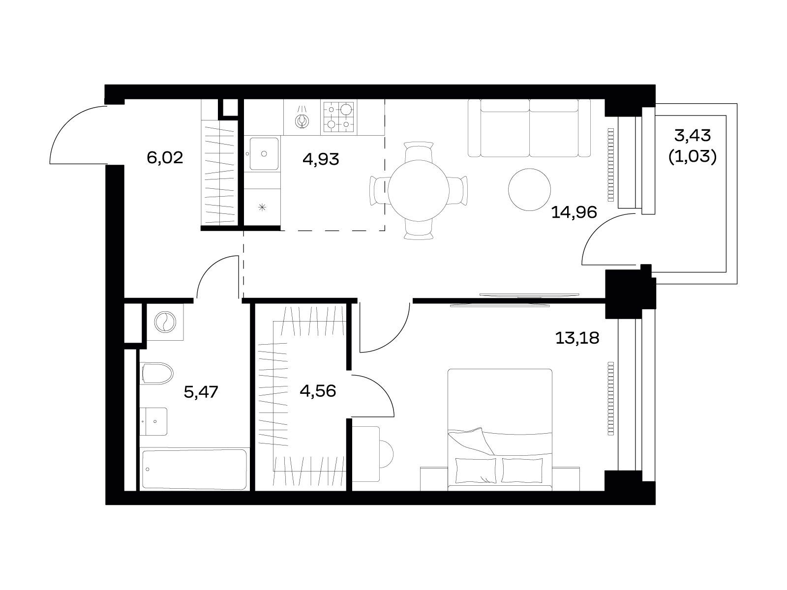 Планировка: 1-комн. квартира 50.15 м² в новостройке Нова