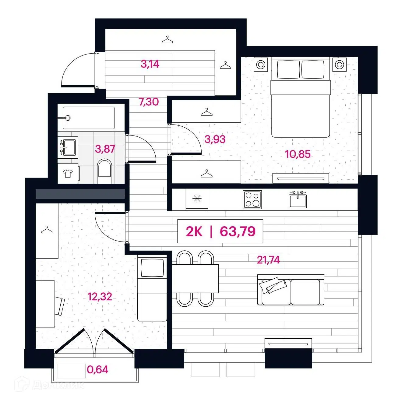 Планировка: 2-комн. квартира 64.41 м² в новостройке Пушкина