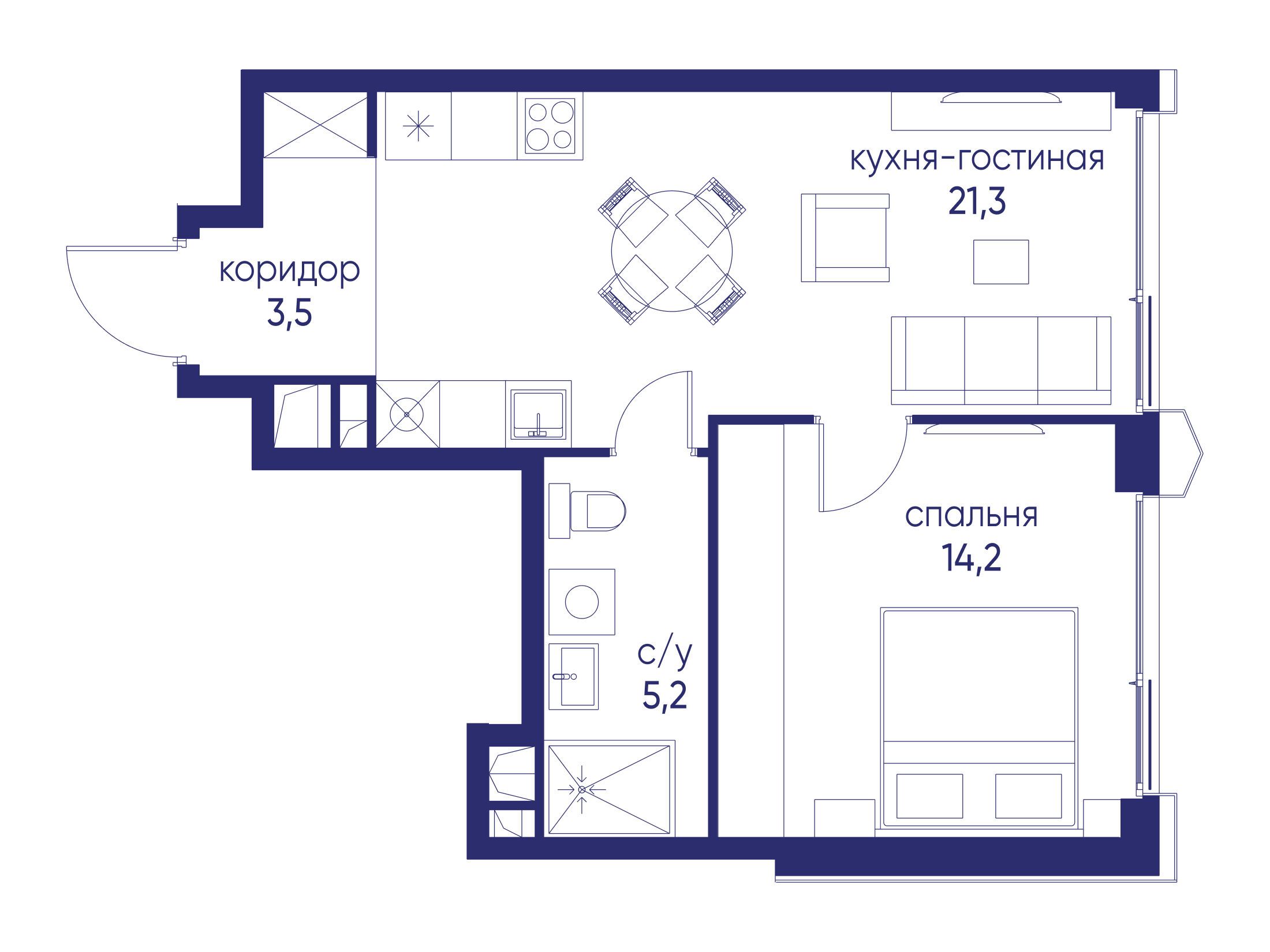 Планировка: 1-комн. квартира 44.20 м² в новостройке Остров