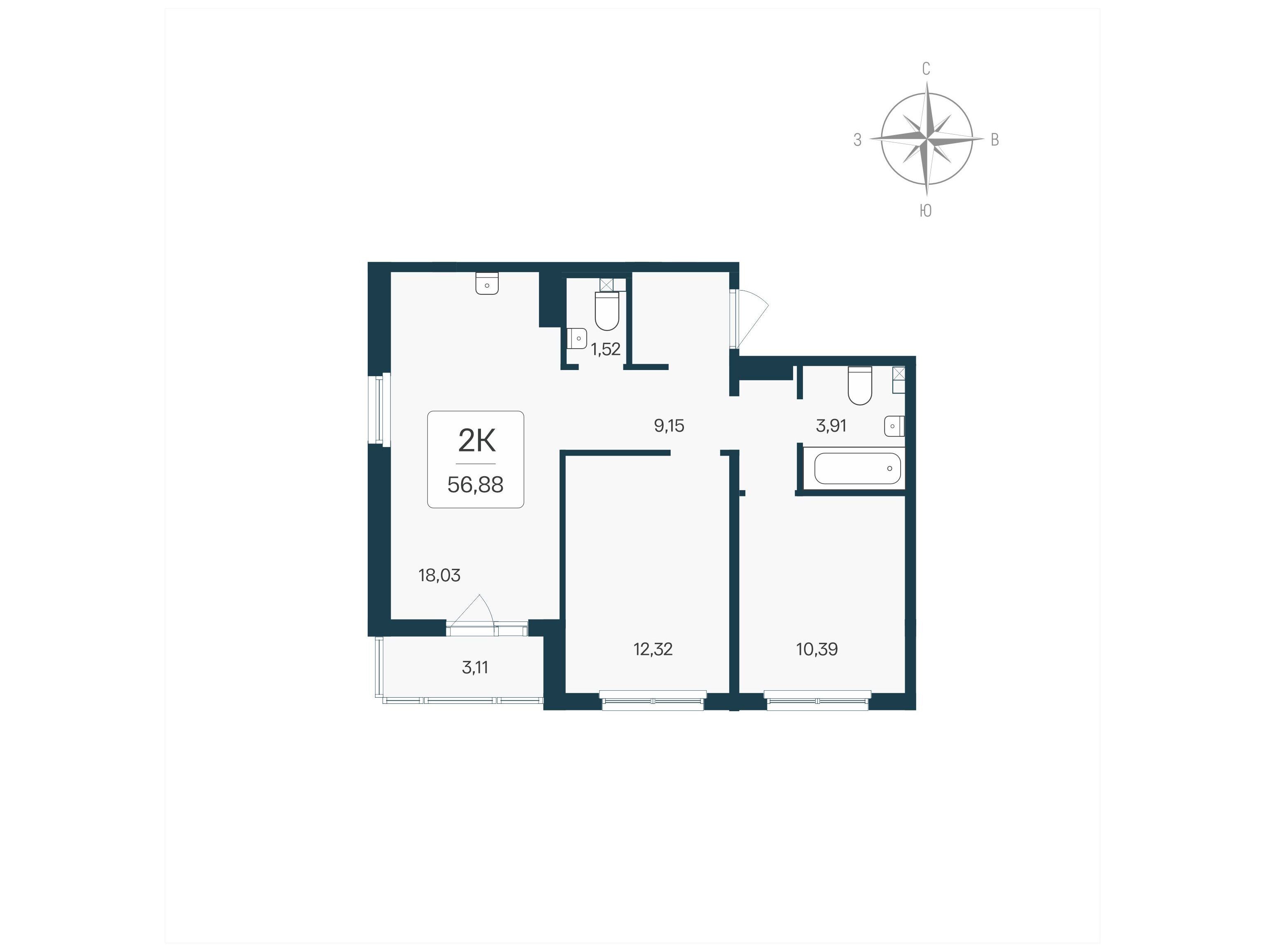 Планировка: 2-комн. квартира 56.88 м² в новостройке Расцветай в Янино