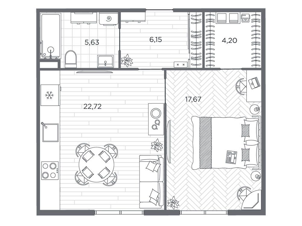 Планировка: 1-комн. квартира 55.70 м² в новостройке Бакунина 33