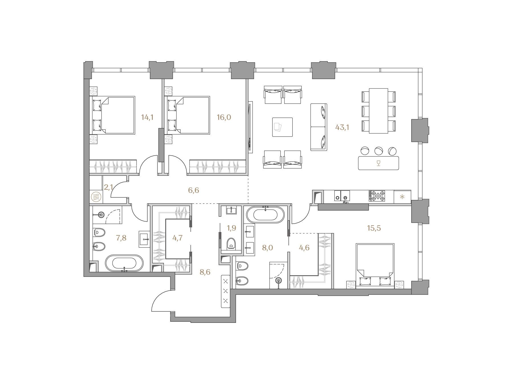 Планировка: 3-комн. квартира 133.00 м² в новостройке Коллекция Лужники