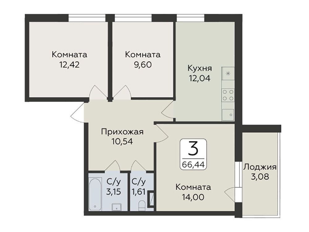 Планировка: 3-комн. квартира 66.44 м² в новостройке Панорама Юкки