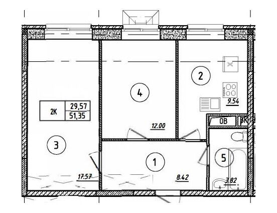 Планировка: 2-комн. квартира 51.35 м² в новостройке Парковый