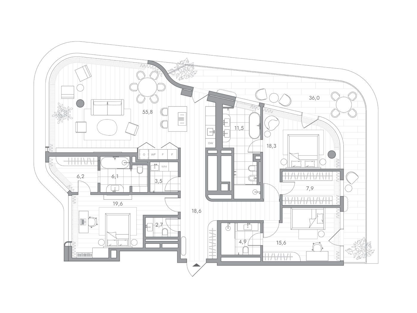 Планировка: 3-комн. квартира 181.50 м² в новостройке Фантом