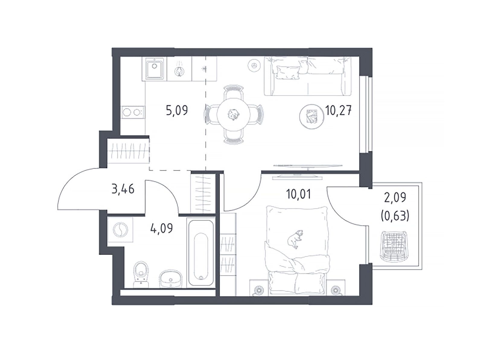 Планировка: 1-комн. квартира 33.55 м² в новостройке Горки Парк