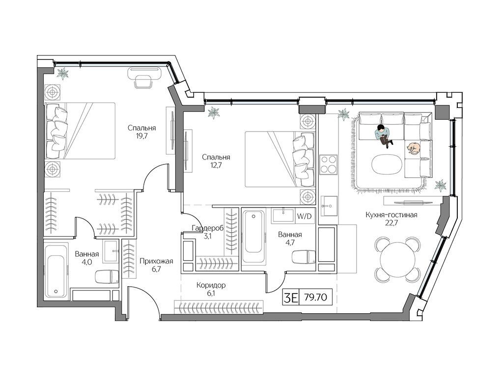 Планировка: 2-комн. квартира 79.00 м² в новостройке Дрим Рива