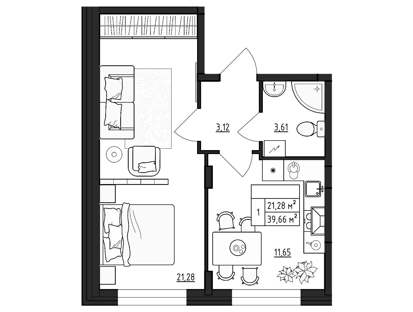 Планировка: 1-комн. квартира 39.66 м² в новостройке Верево-Сити