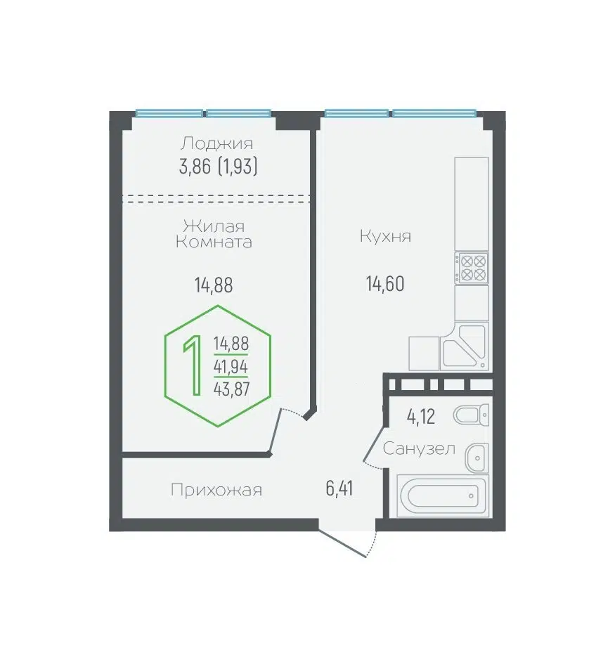 Планировка: 1-комн. квартира 43.00 м² в новостройке Гарантия на Обрывной