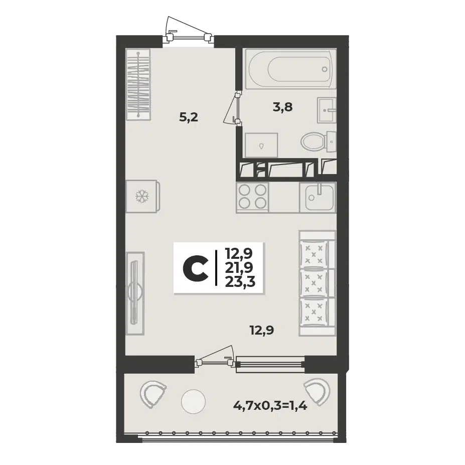 Планировка: Студия 23.30 м² в новостройке ЖК Лето