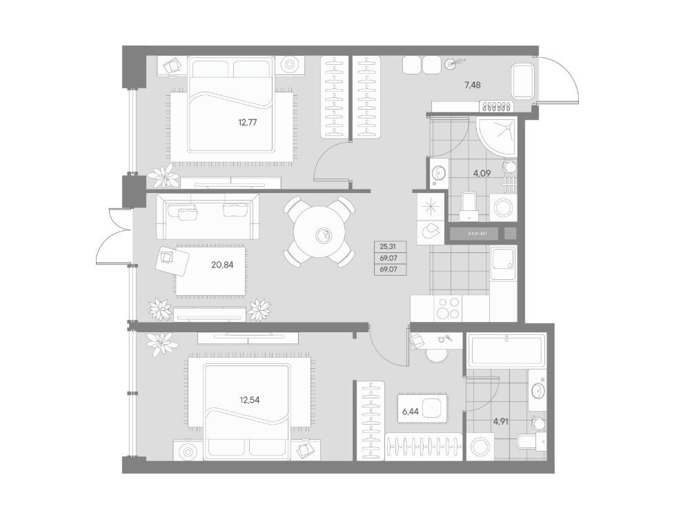 Планировка: 2-комн. квартира 69.07 м² в новостройке Авант