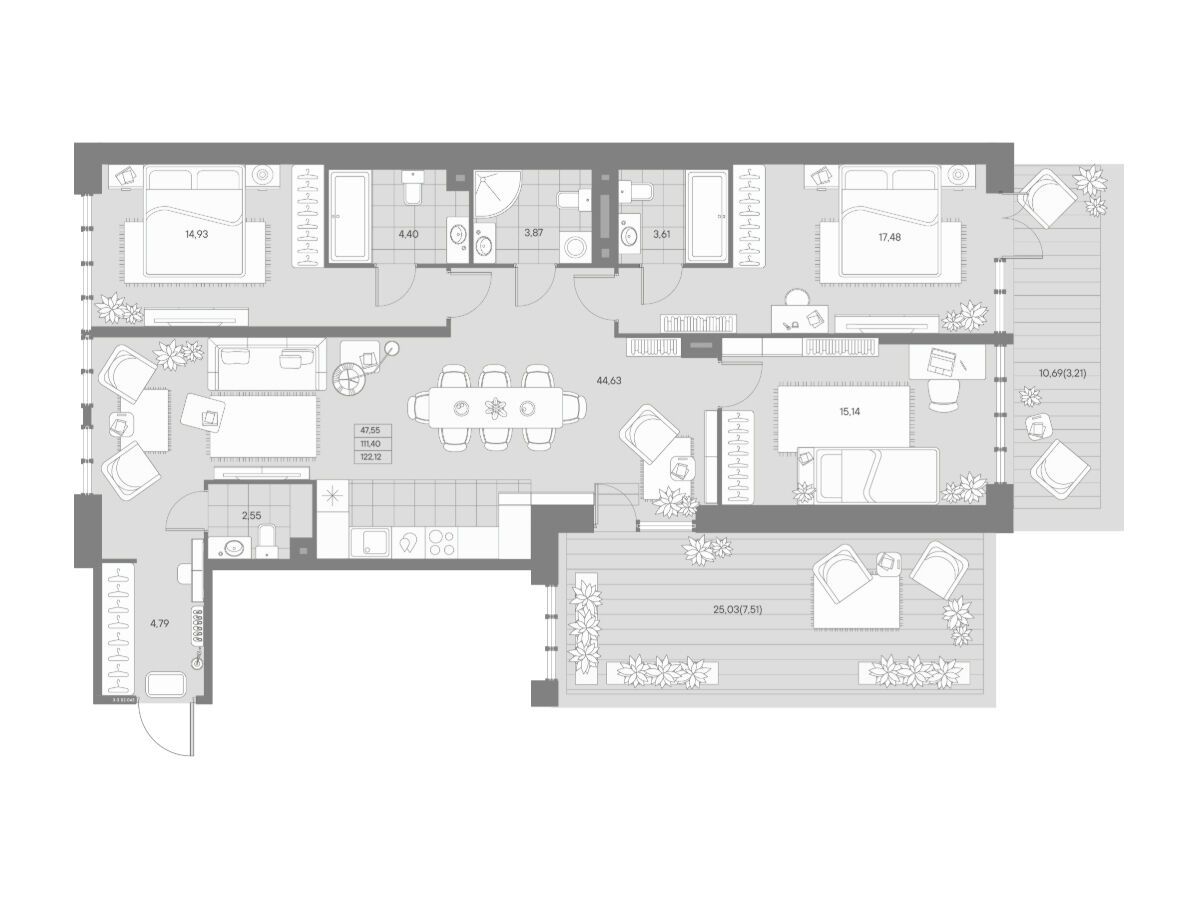 Планировка: 3-комн. квартира 122.12 м² в новостройке Авант