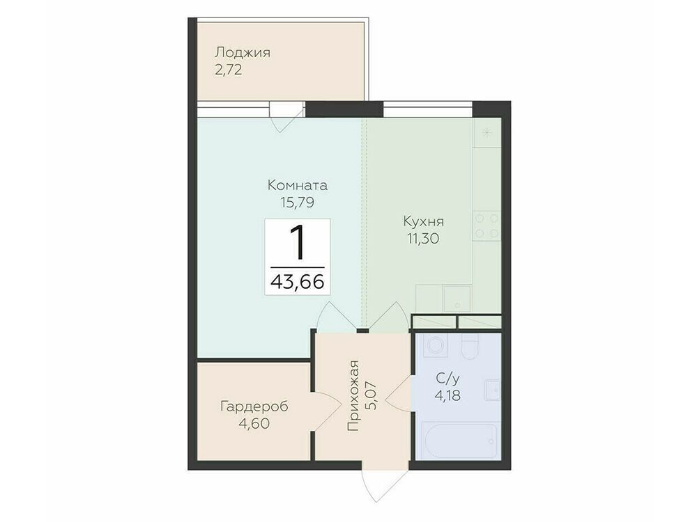 Планировка: 1-комн. квартира 43.66 м² в новостройке Финский квартал