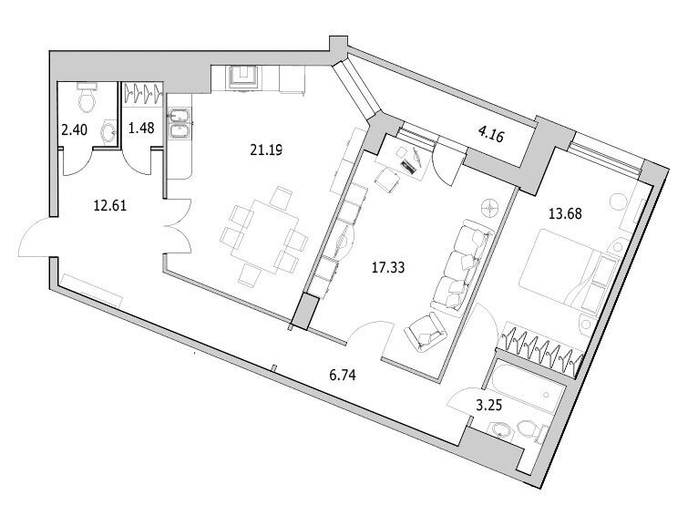 Планировка: 2-комн. квартира 84.10 м² в новостройке Байрон