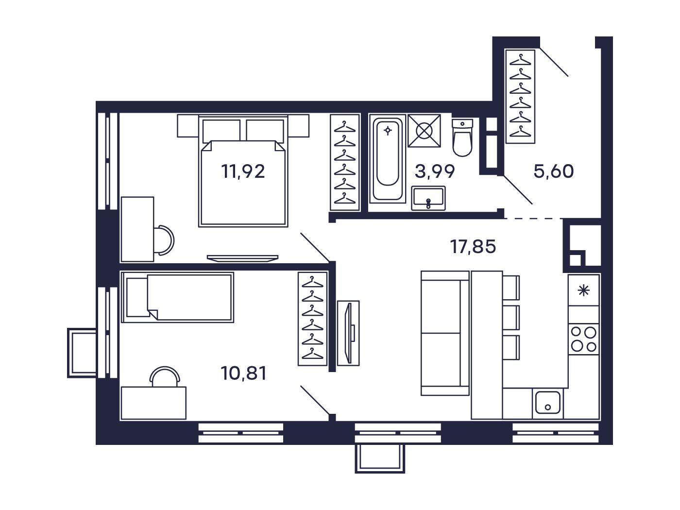Планировка: 2-комн. квартира 52.18 м² в новостройке Тетрис