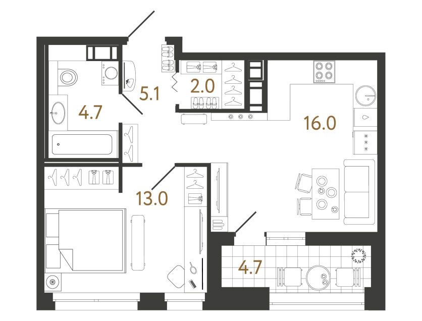 Планировка: 1-комн. квартира 40.80 м² в новостройке Куинджи