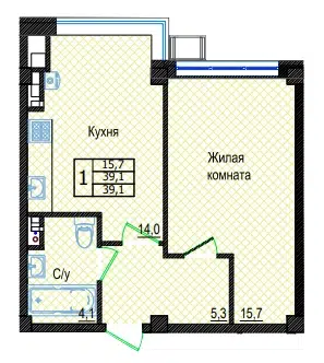 Планировка: 1-комн. квартира 39.10 м² в новостройке Резиденция