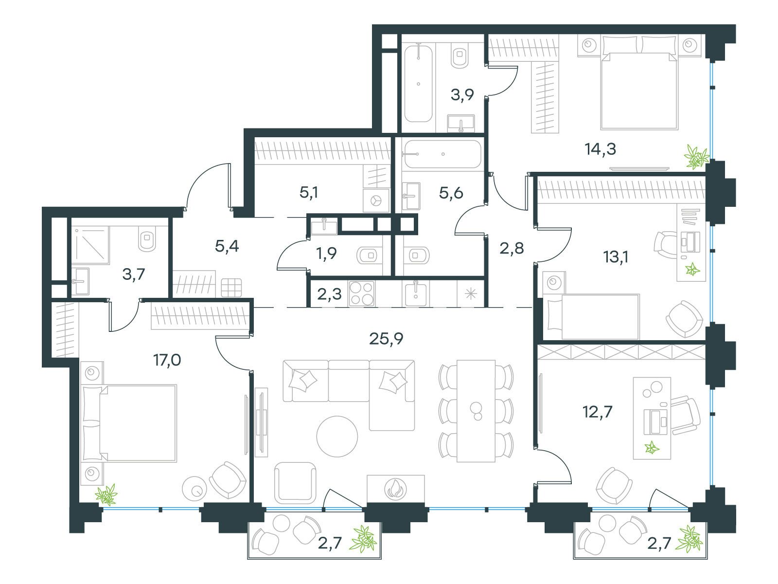 Планировка: 5-комн. квартира 158.50 м² в новостройке ЖК Левел Бауманская