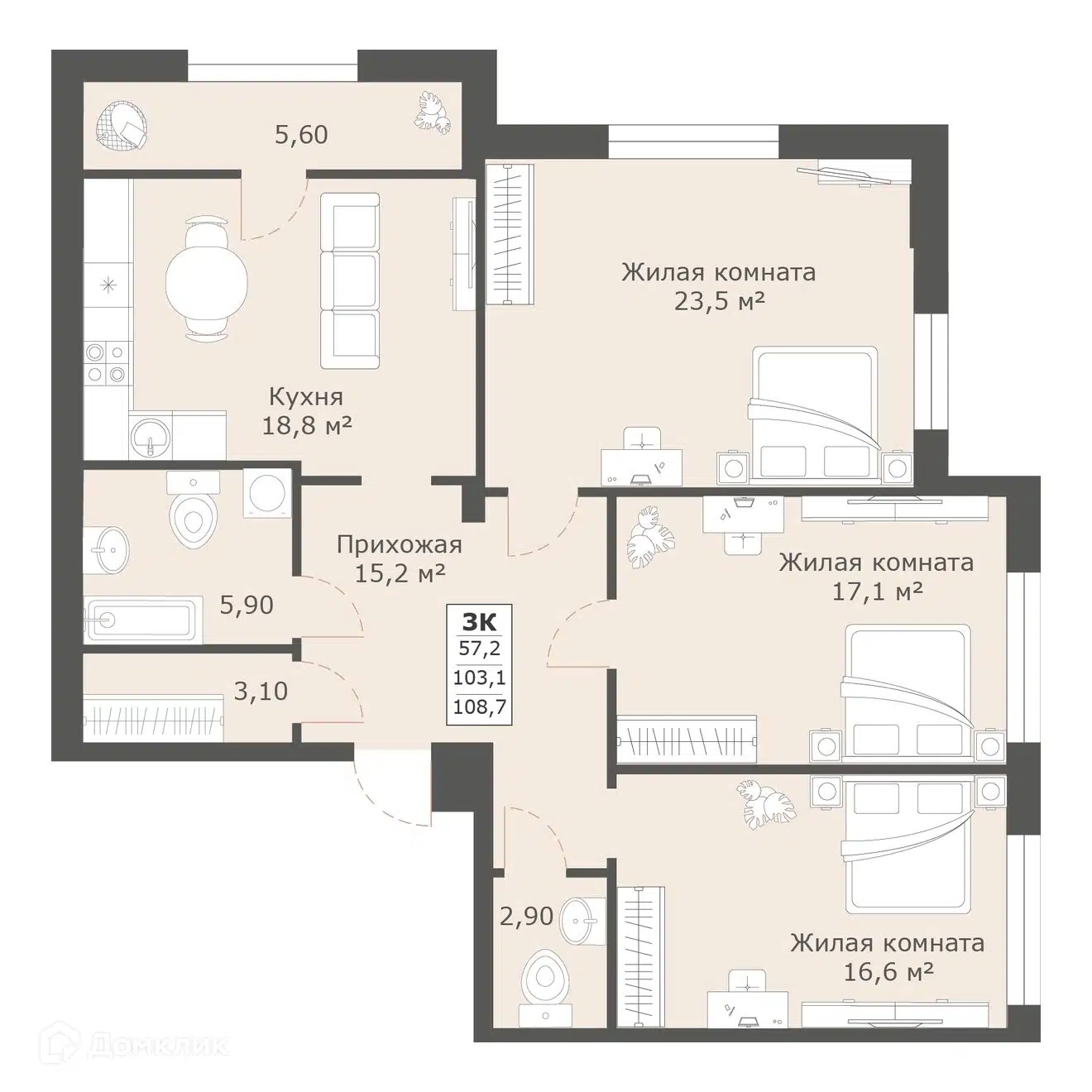 Планировка: 3-комн. квартира 107.30 м² в новостройке Моне