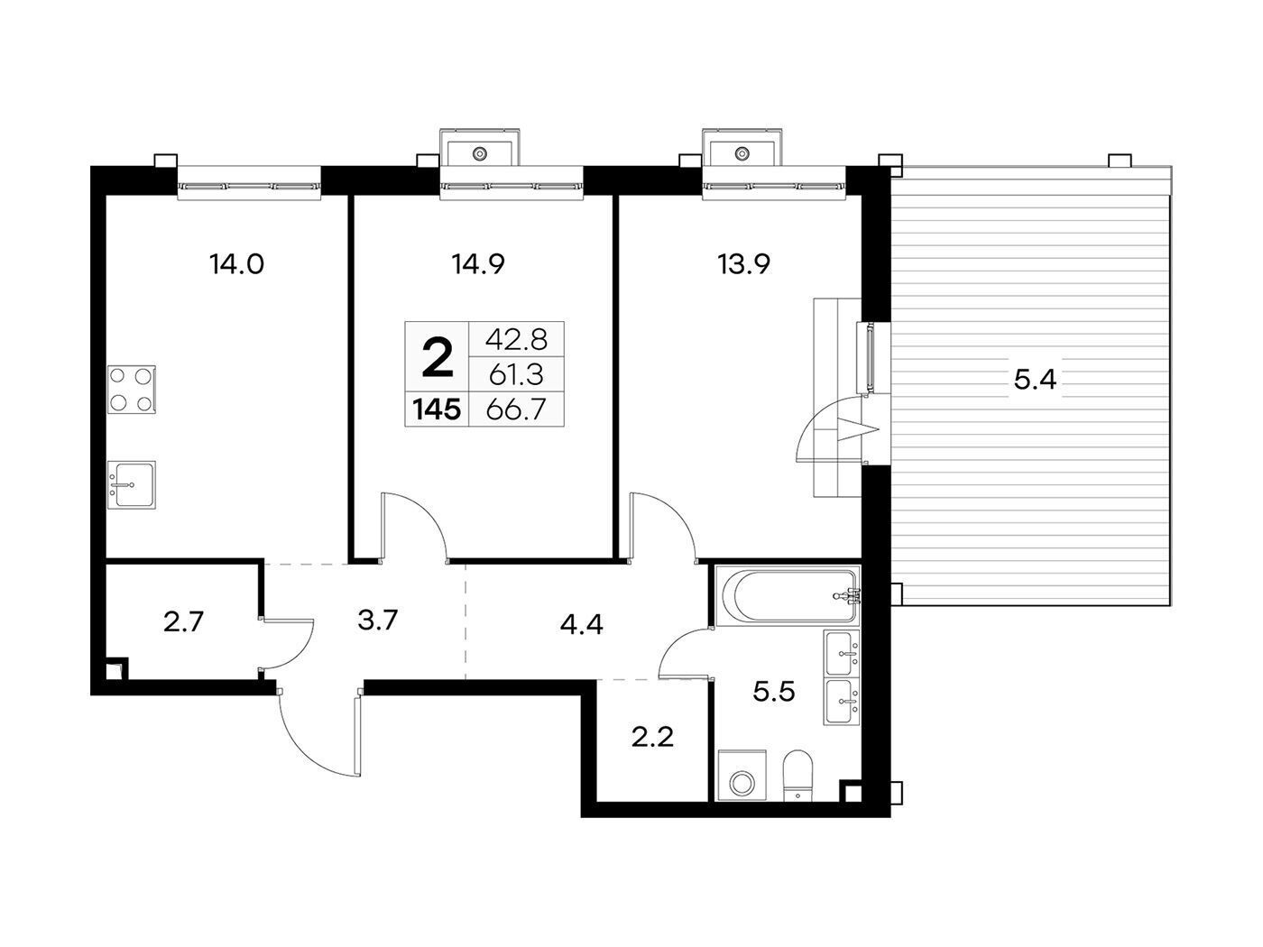 Планировка: 2-комн. квартира 66.50 м² в новостройке Куркино