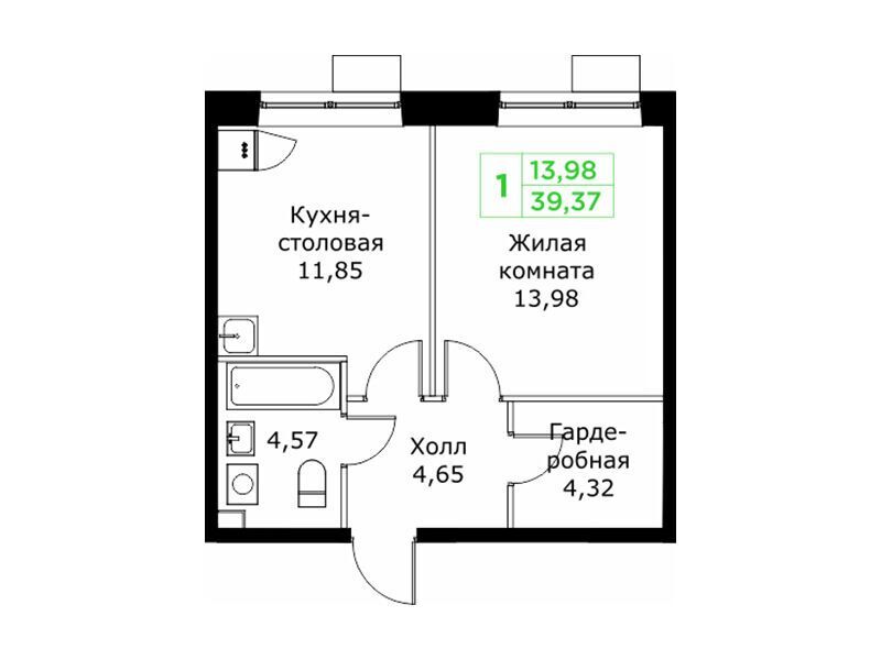 Планировка: 1-комн. квартира 39.50 м² в новостройке Кит 2
