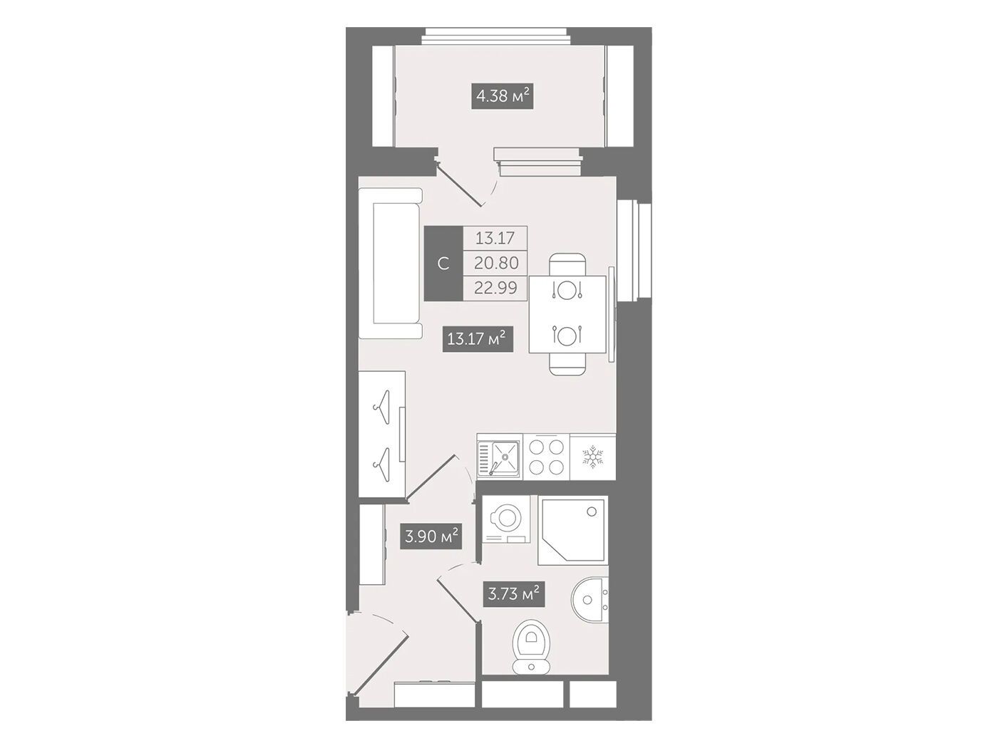 Планировка: Студия 22.99 м² в новостройке Квартал Воронцовский