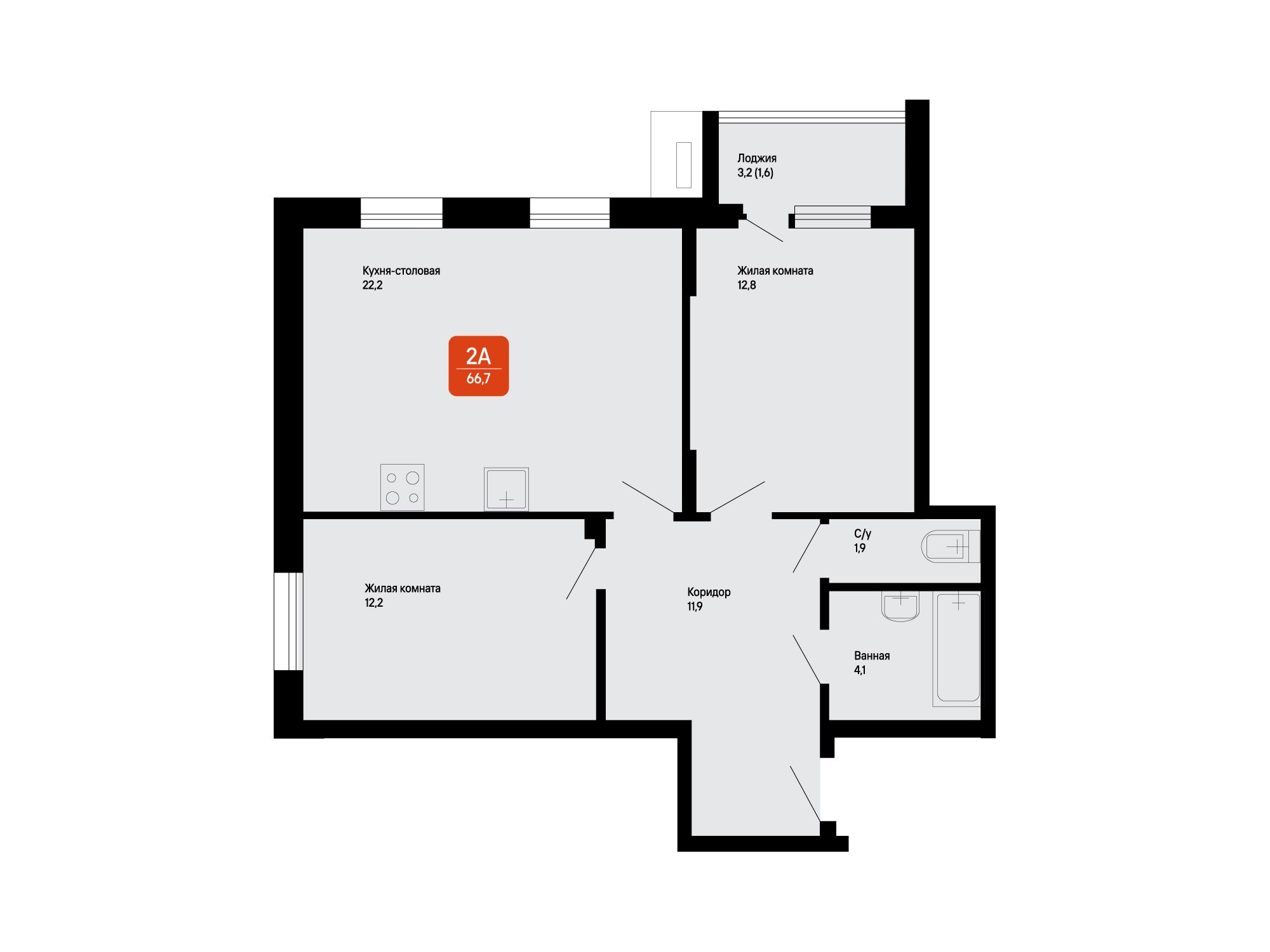 Планировка: 2-комн. квартира 66.70 м² в новостройке Подлипки-Город