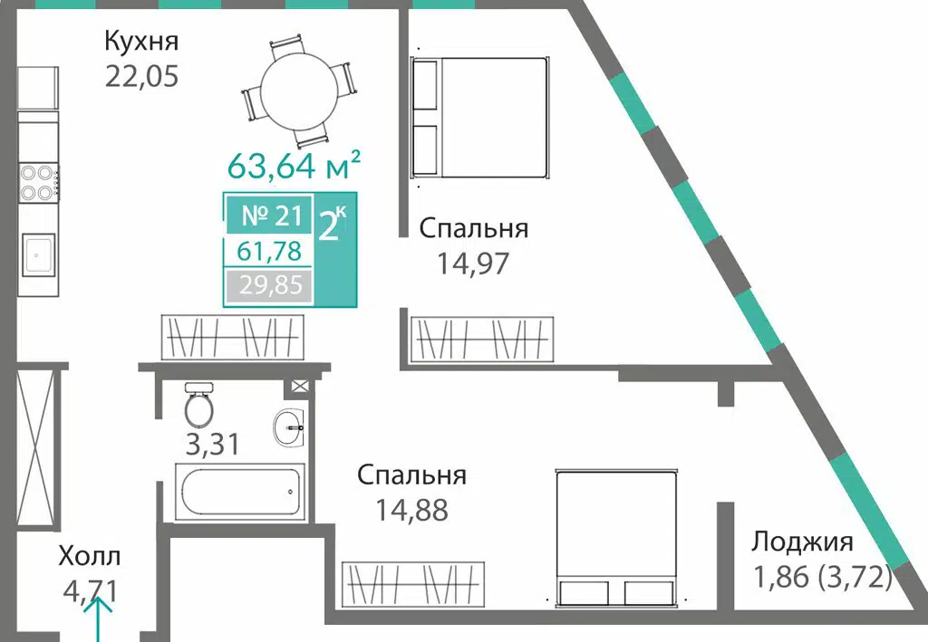 Планировка: 2-комн. квартира 61.78 м² в новостройке ЖК Благо