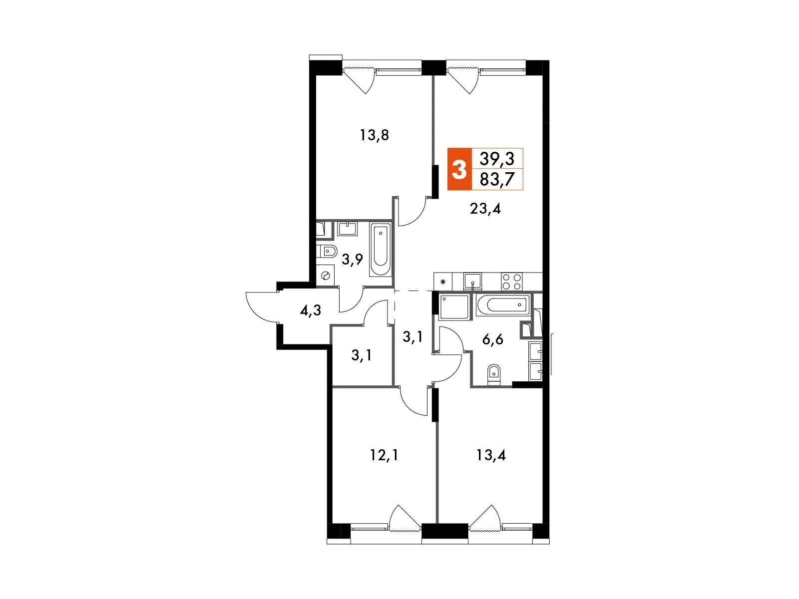 Планировка: 3-комн. квартира 84.30 м² в новостройке Лэйк