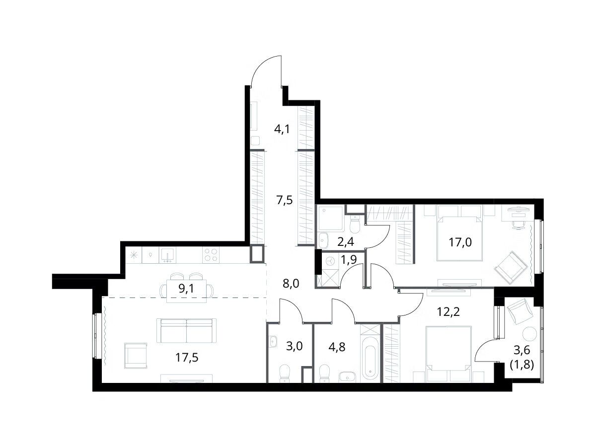 Планировка: 3-комн. квартира 89.30 м² в новостройке ЖК 1-й Измайловский (Первый Измайловский)