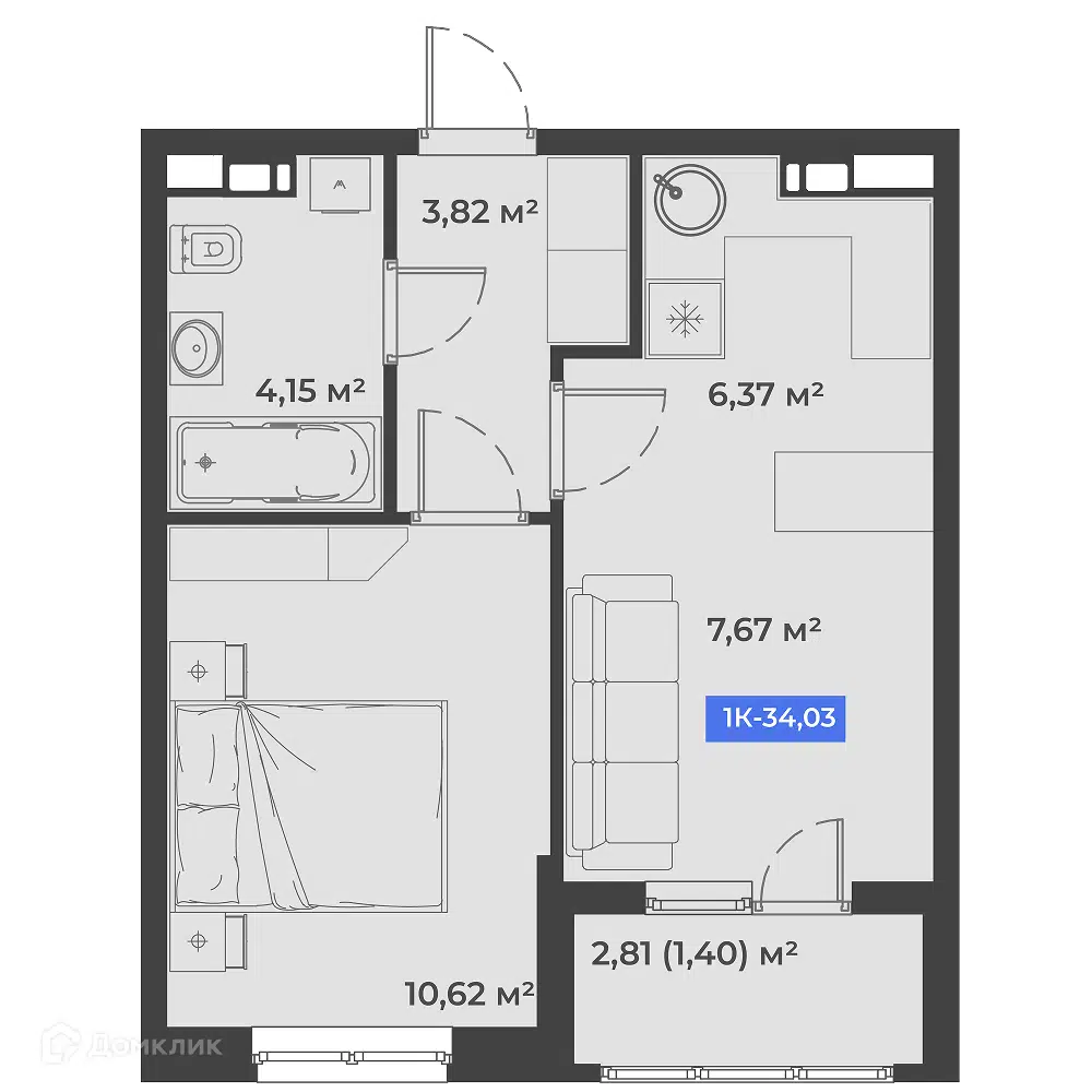 Планировка: 1-комн. квартира 34.03 м² в новостройке Соловей